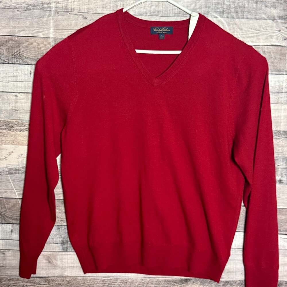 Brooks Brothers Saxxon Wool Sweater Mens Large Red V-Neck Business Casual